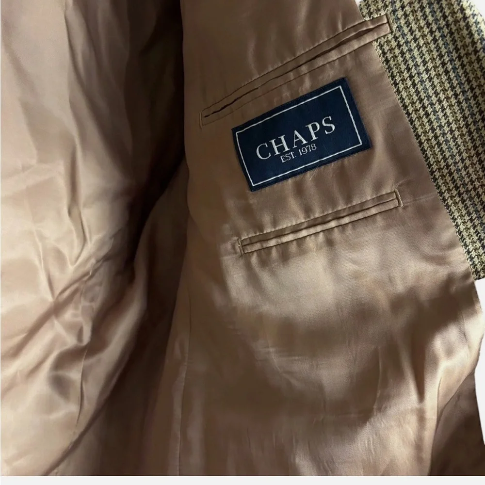 Chaps 100% Silk Blazer Men's 48L Tan Blue Brown Houndstooth Jacket Sport Coat